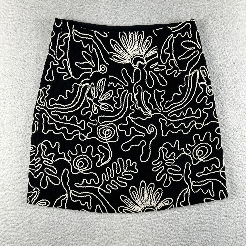 LOFT Skirt Womens 0 Black Embroidered Abstract Floral Mini Cotton Lined Side Zip
